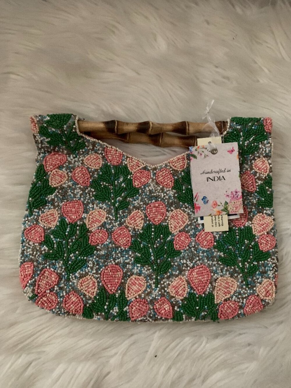HANDCRAFTED IN INDIA Seed Beaded Floral Clutch Bag